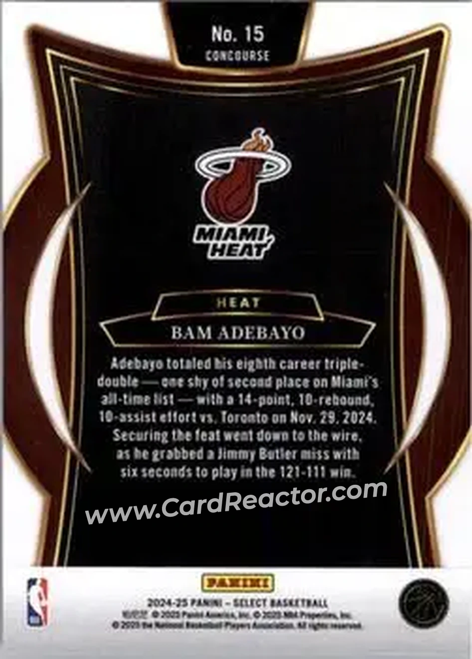 2024-25 Panini Select #15 - Bam Adebayo - Miami Heat - Back