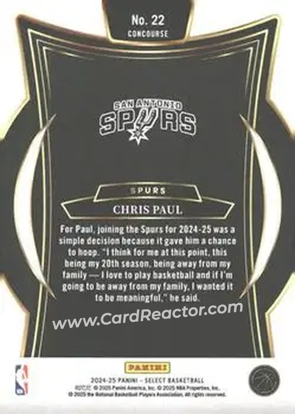 2024-25 Panini Select #22 - Chris Paul - San Antonio Spurs - Back 2024-25 Panini Select #22 - Chris Paul - San Antonio Spurs - Back