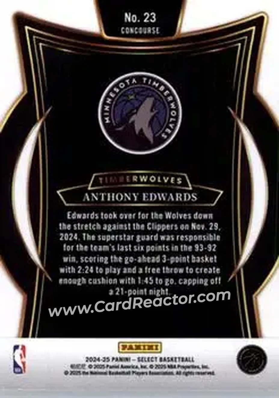 2024-25 Panini Select #23 - Anthony Edwards - Minnesota Timberwolves - Back