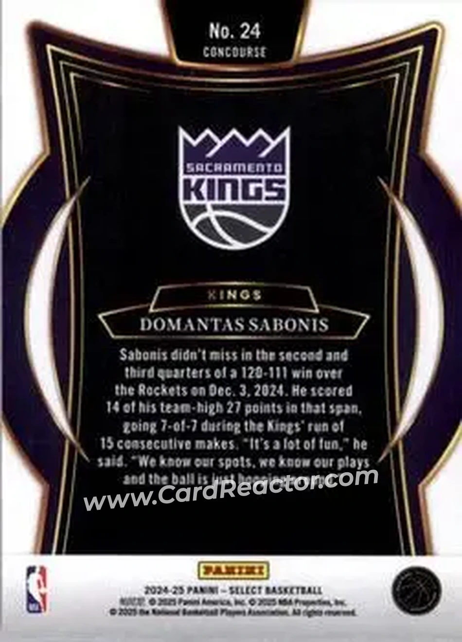 2024-25 Panini Select #24 - Domantas Sabonis - Sacramento Kings - Back