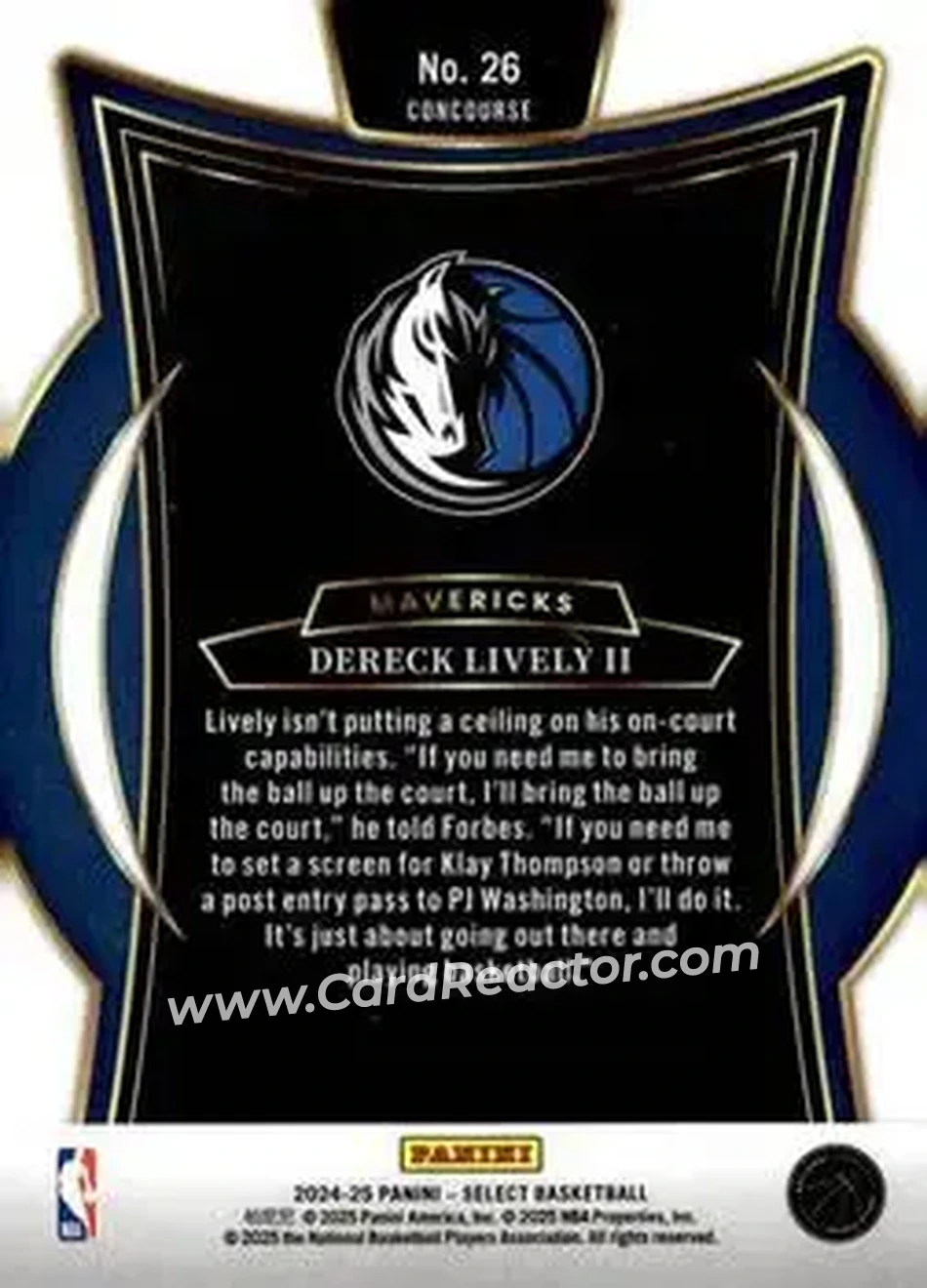 2024-25 Panini Select #26 - Dereck Lively II - Dallas Mavericks - Back 2024-25 Panini Select #26 - Dereck Lively II - Dallas Mavericks - Back