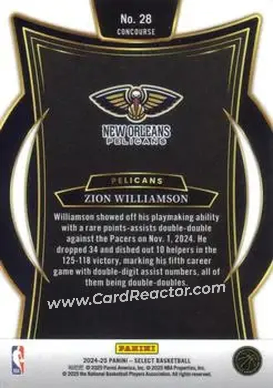 2024-25 Panini Select #28 - Zion Williamson - New Orleans Pelicans - Back