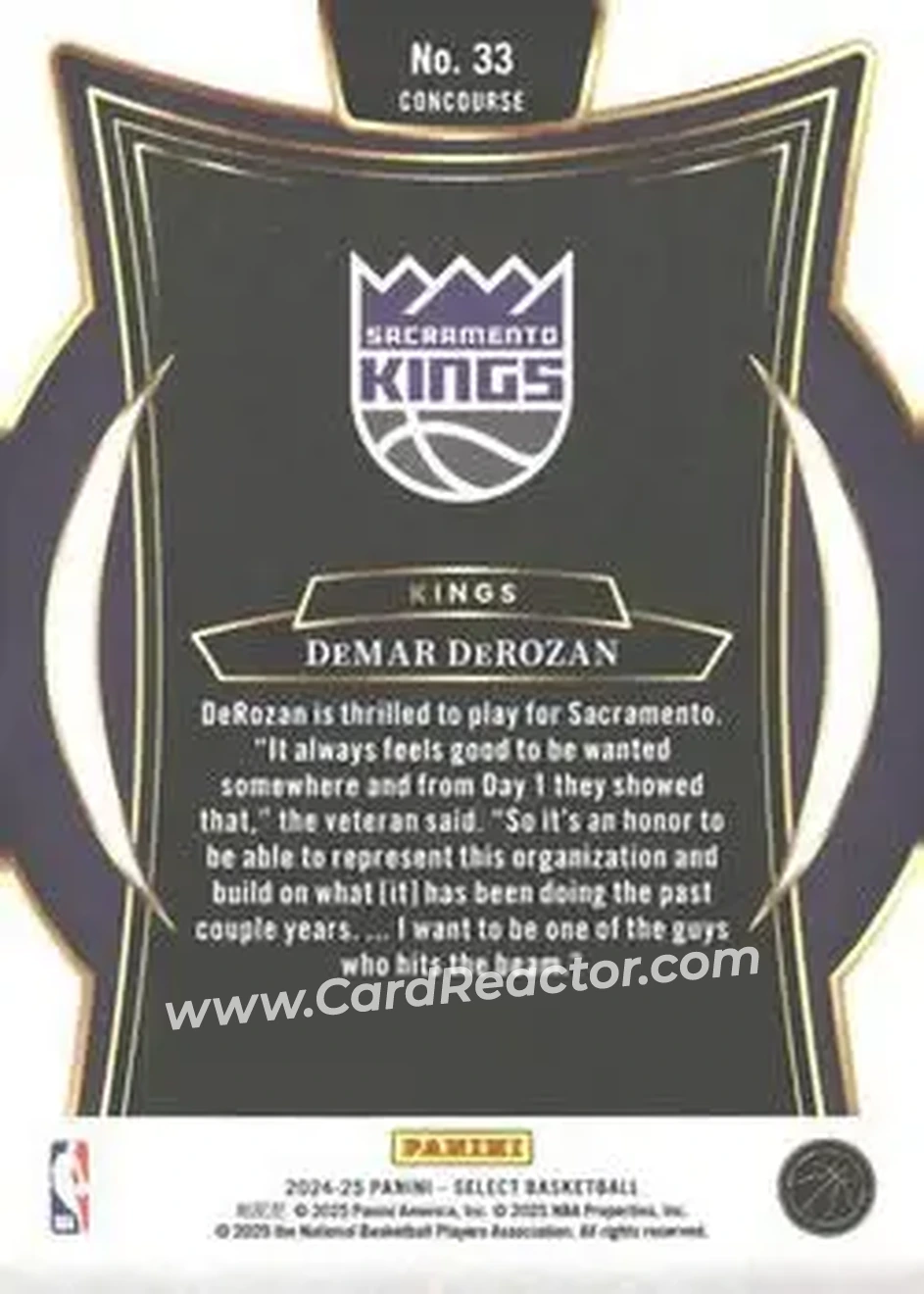 2024-25 Panini Select #33 - DeMar DeRozan - Sacramento Kings - Back 2024-25 Panini Select #33 - DeMar DeRozan - Sacramento Kings - Back