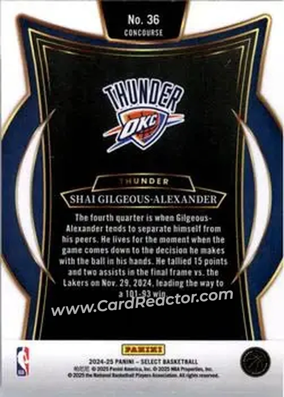 2024-25 Panini Select #36 - Shai Gilgeous-Alexander - Oklahoma City Thunder - Back 2024-25 Panini Select #36 - Shai Gilgeous-Alexander - Oklahoma City Thunder - Back