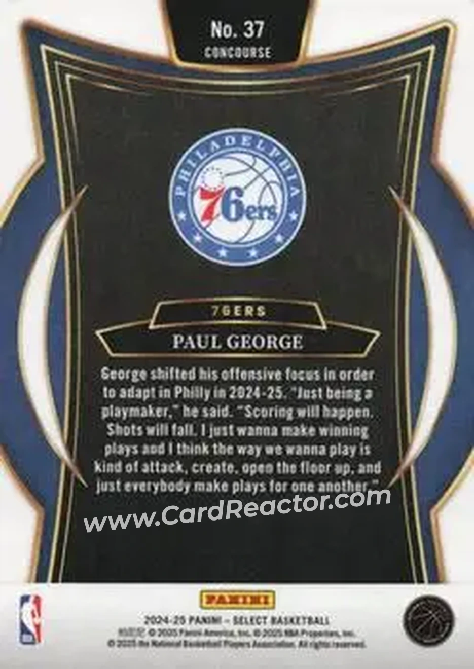 2024-25 Panini Select #37 - Paul George - Philadelphia 76ers - Back