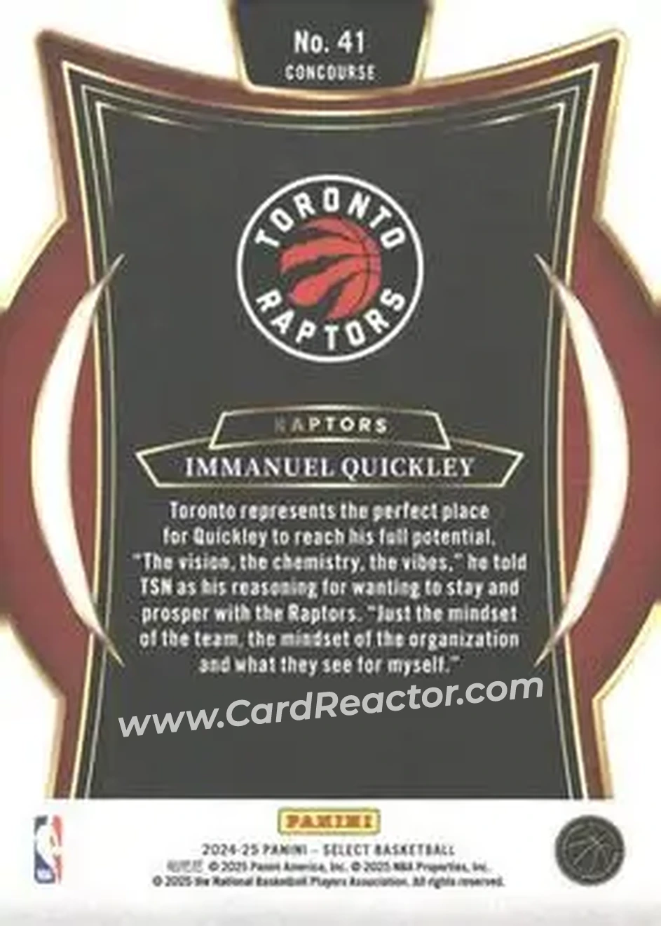 2024-25 Panini Select #41 - Immanuel Quickley - Toronto Raptors - Back