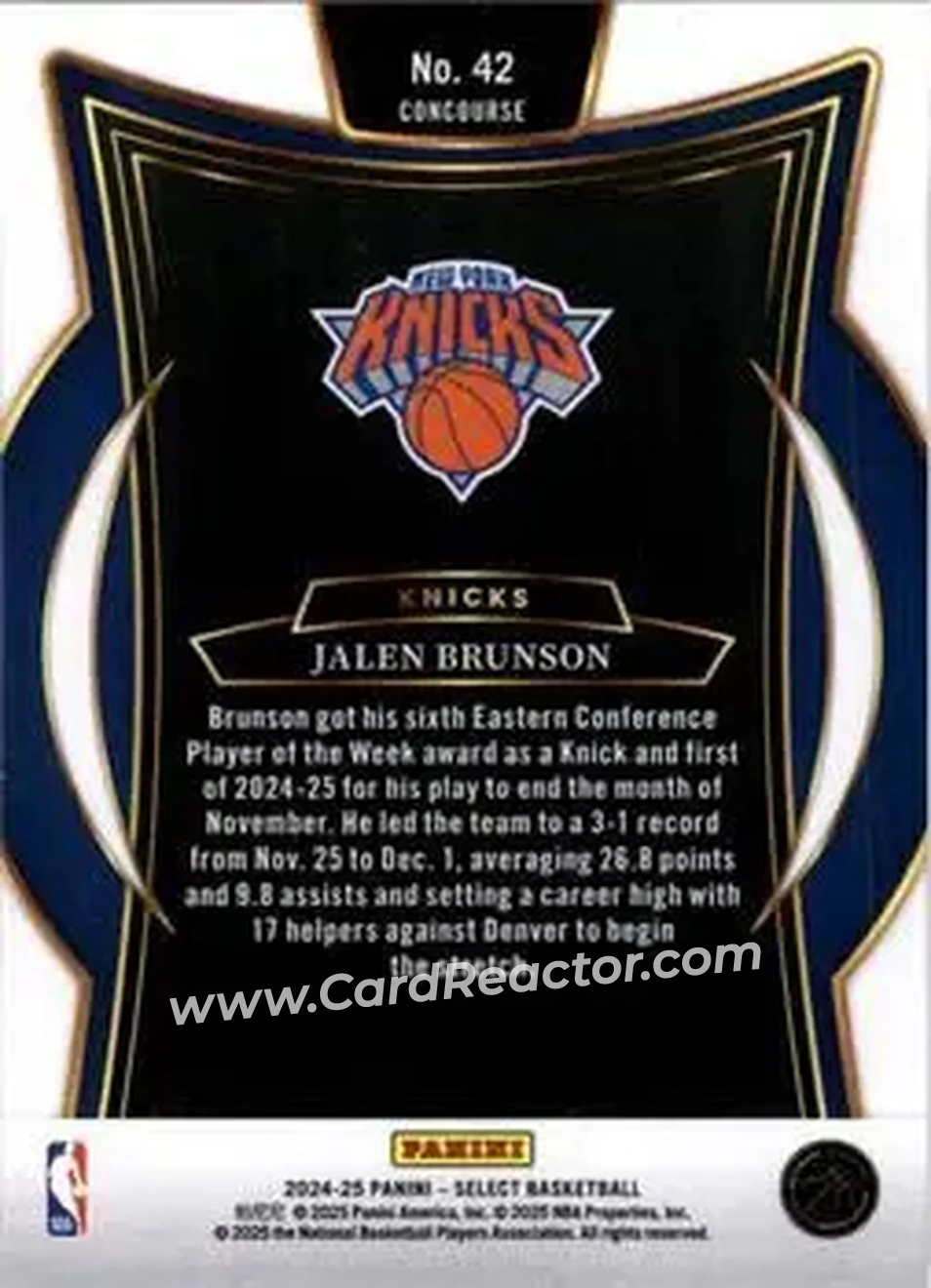 2024-25 Panini Select #42 - Jalen Brunson - New York Knicks - Back