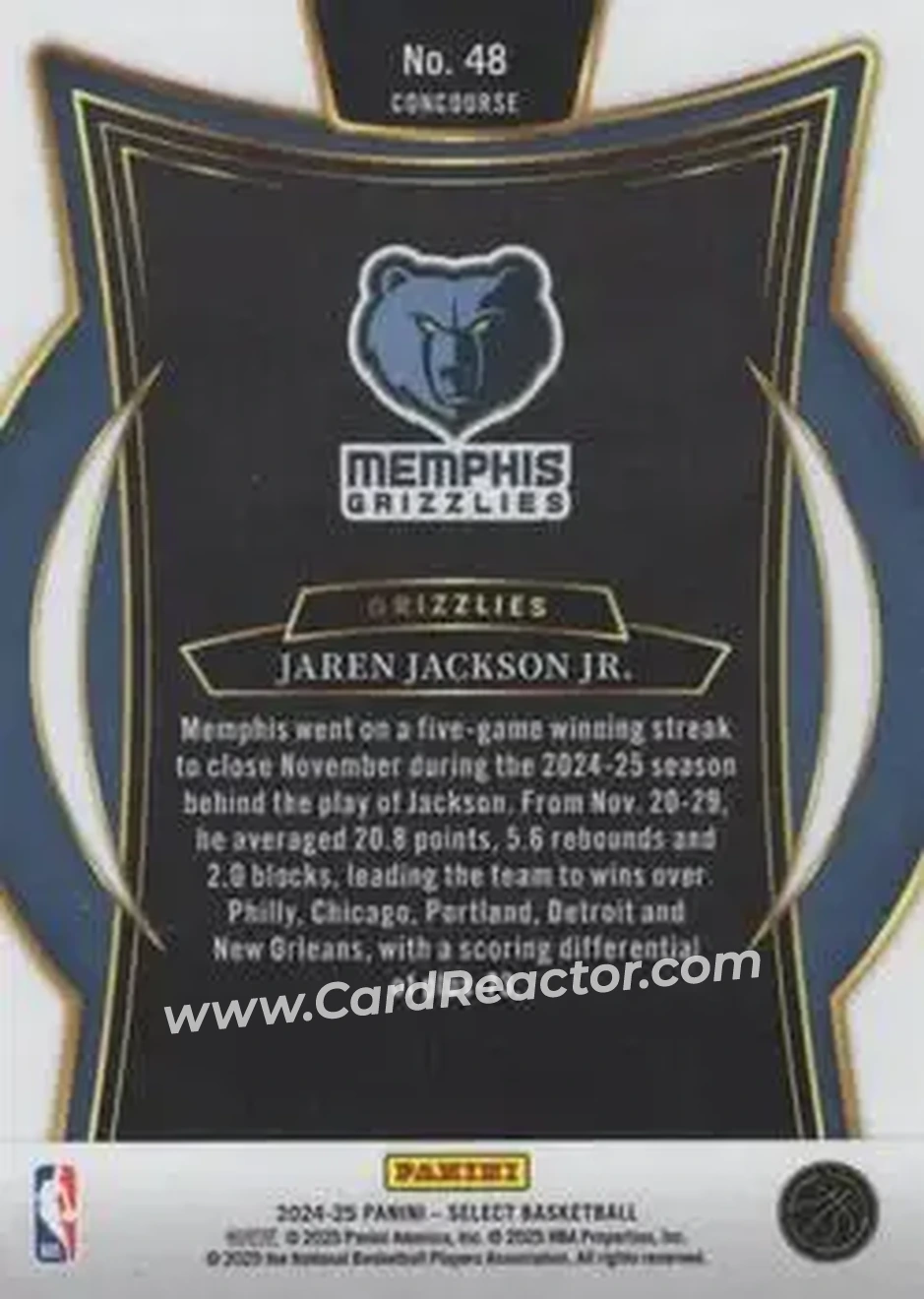 2024-25 Panini Select #48 - Jaren Jackson Jr. - Memphis Grizzlies - Back
