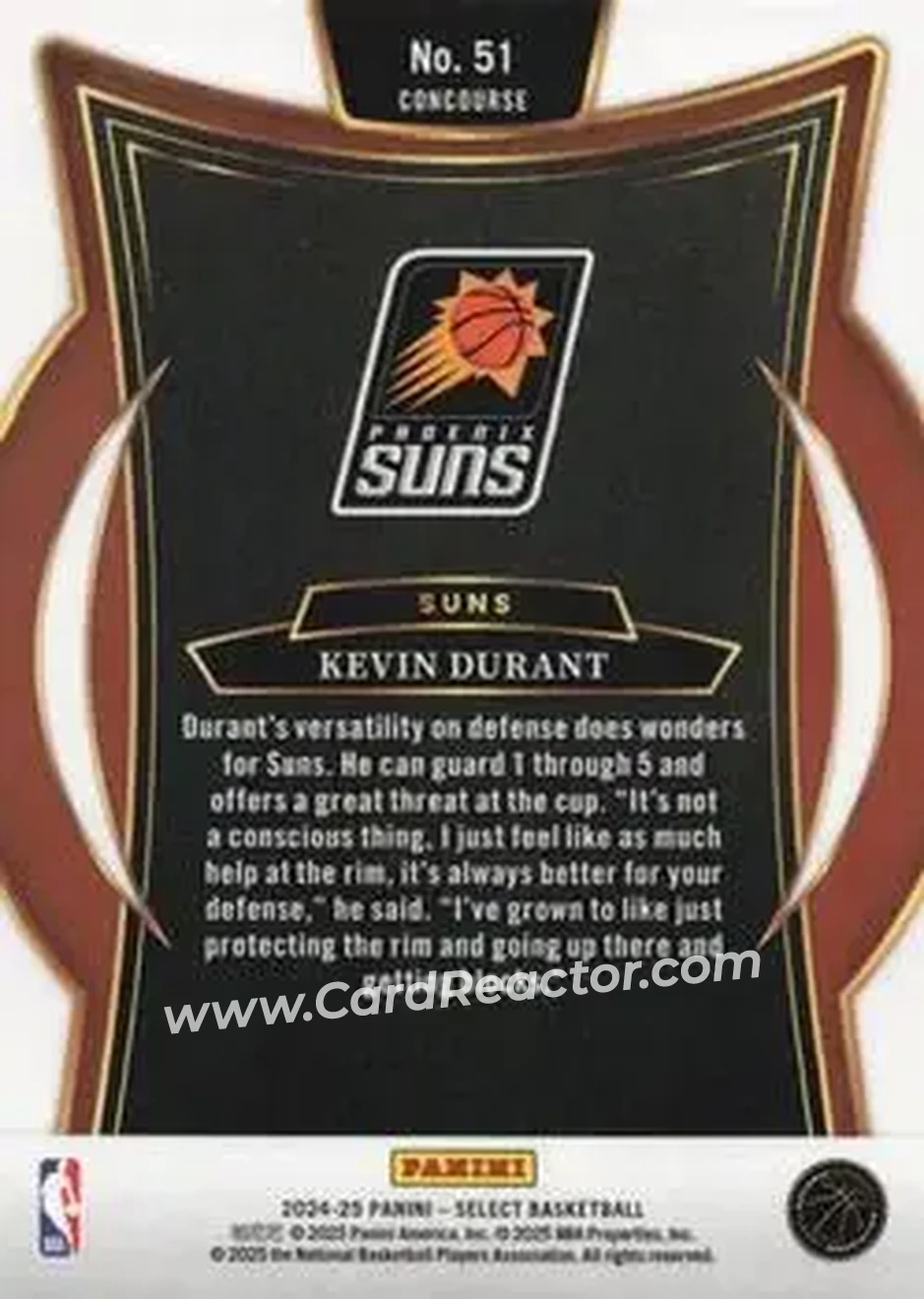 2024-25 Panini Select #51 - Kevin Durant - Phoenix Suns - Back