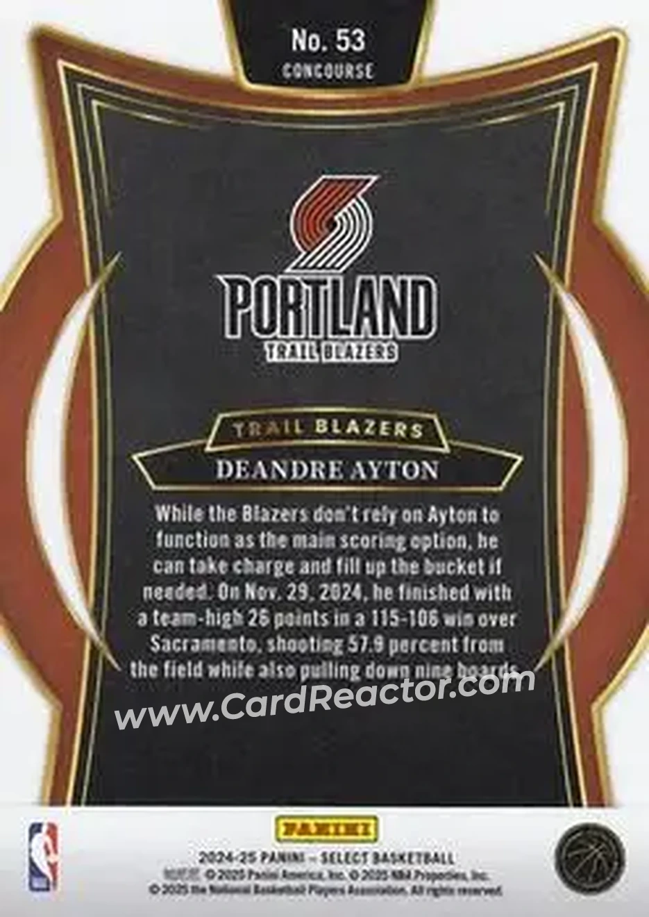2024-25 Panini Select #53 - Deandre Ayton - Portland Trail Blazers - Back