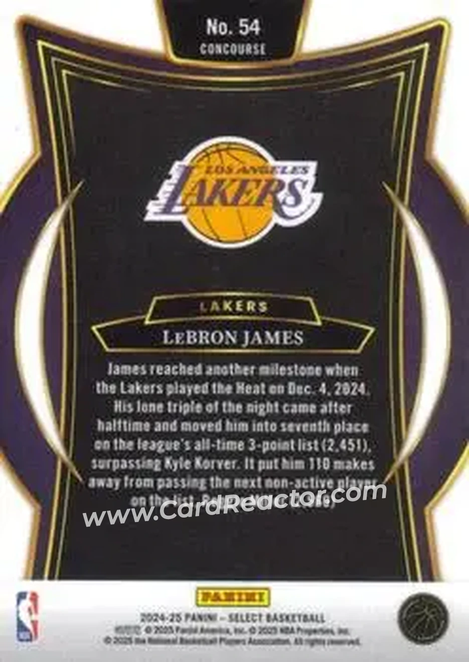 2024-25 Panini Select #54 - LeBron James - Los Angeles Lakers - Back