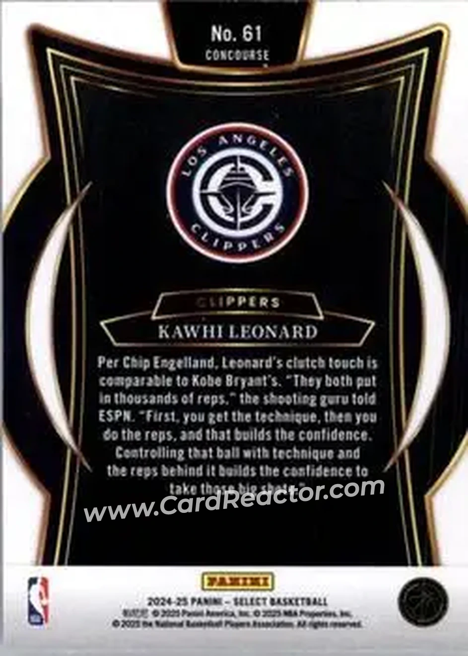 2024-25 Panini Select #61 - Kawhi Leonard - Los Angeles Clippers - Back