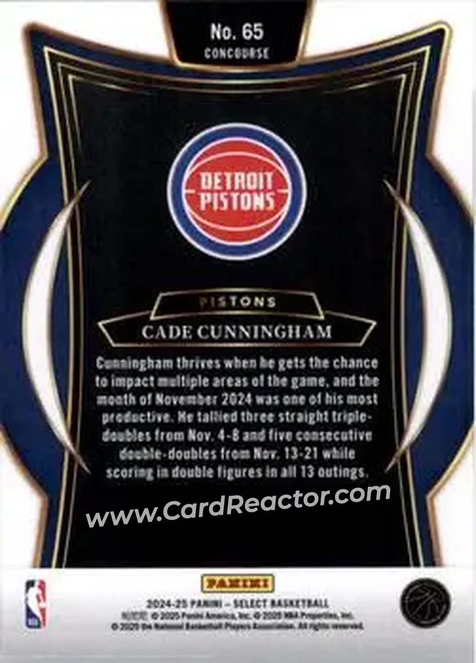 2024-25 Panini Select #65 - Cade Cunningham - Detroit Pistons - Back