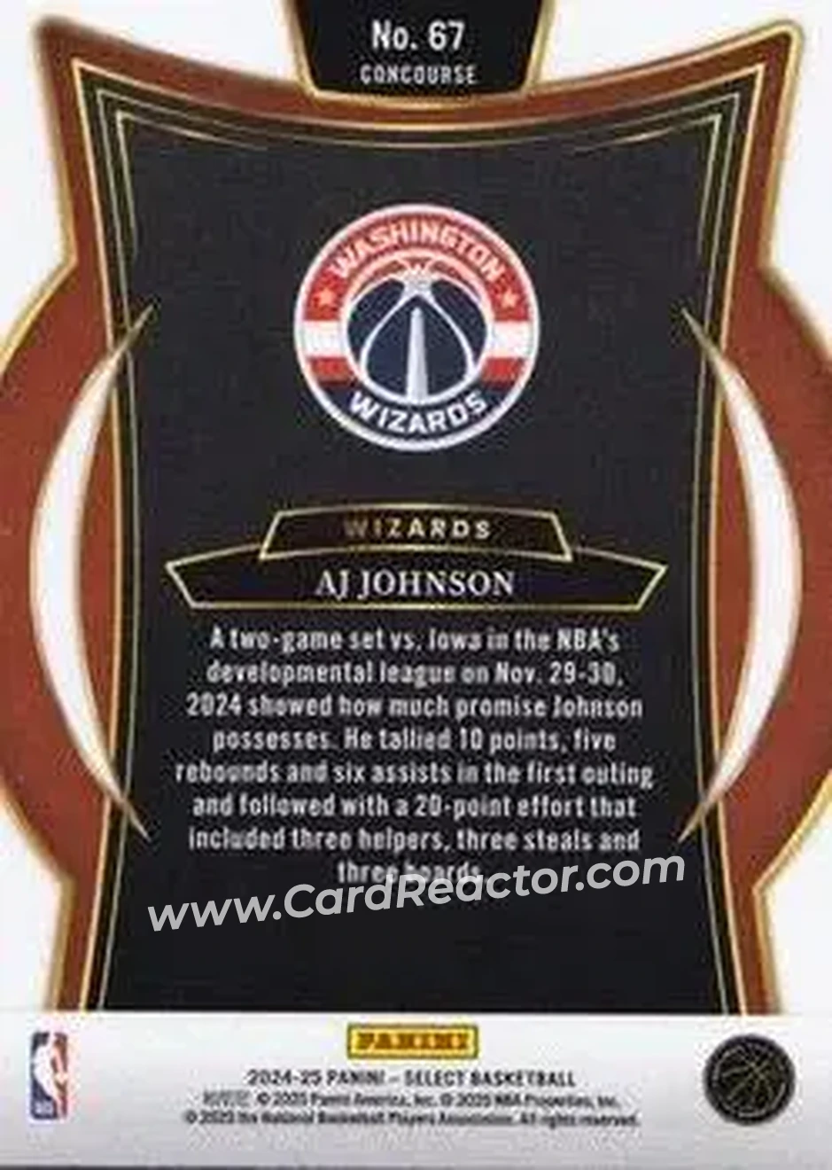 2024-25 Panini Select #67 - AJ Johnson - Washington Wizards - Back