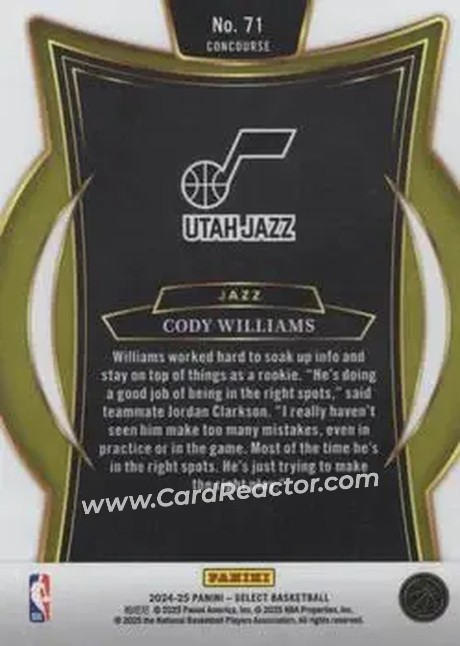 2024-25 Panini Select #71 - Cody Williams - Utah Jazz - Back