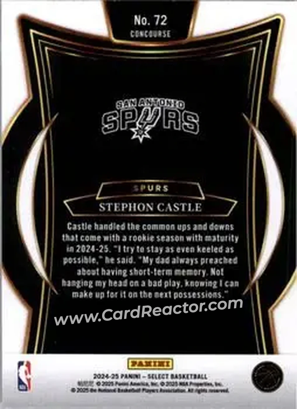 2024-25 Panini Select #72 - Stephon Castle - San Antonio Spurs - Back