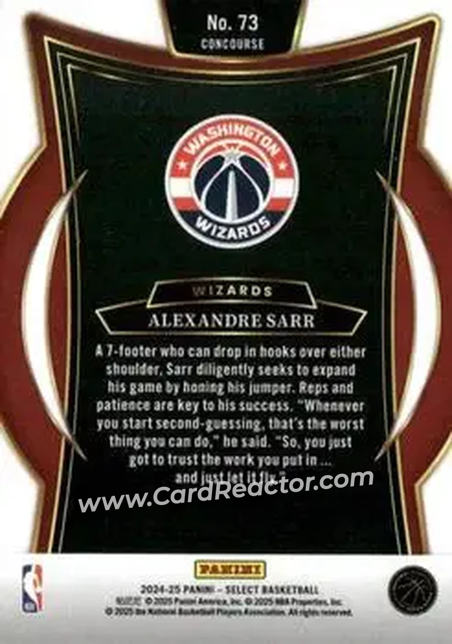 2024-25 Panini Select #73 - Alex Sarr - Washington Wizards - Back