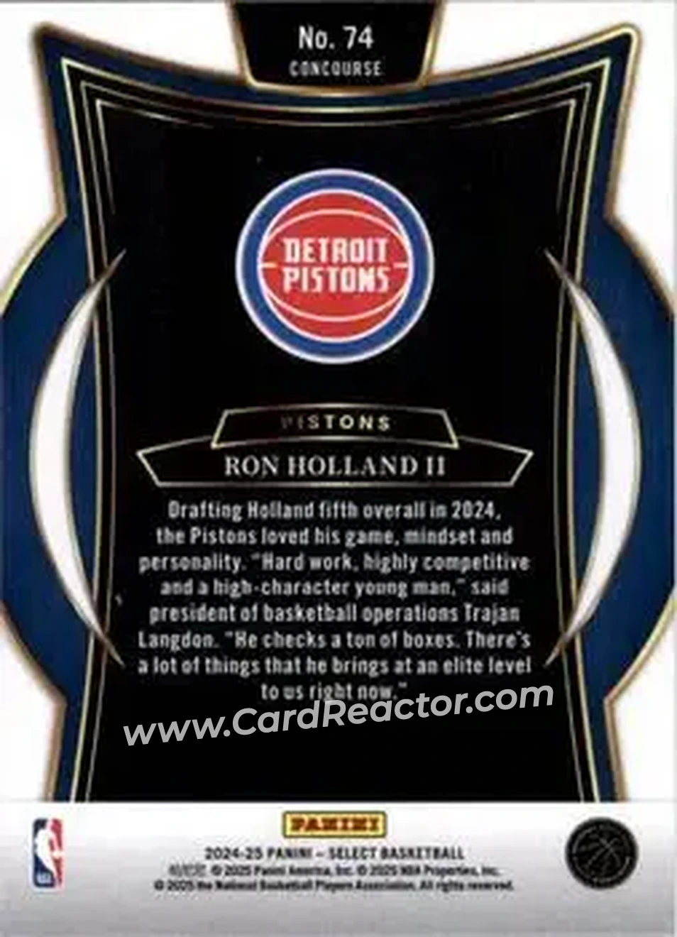 2024-25 Panini Select #74 - Ron Holland II - Detroit Pistons - Back 2024-25 Panini Select #74 - Ron Holland II - Detroit Pistons - Back