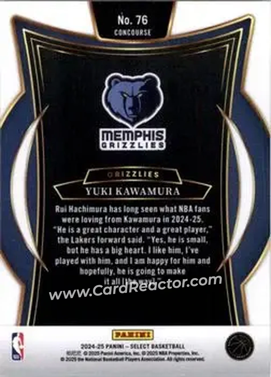 2024-25 Panini Select #76 - Yuki Kawamura - Memphis Grizzlies - Back