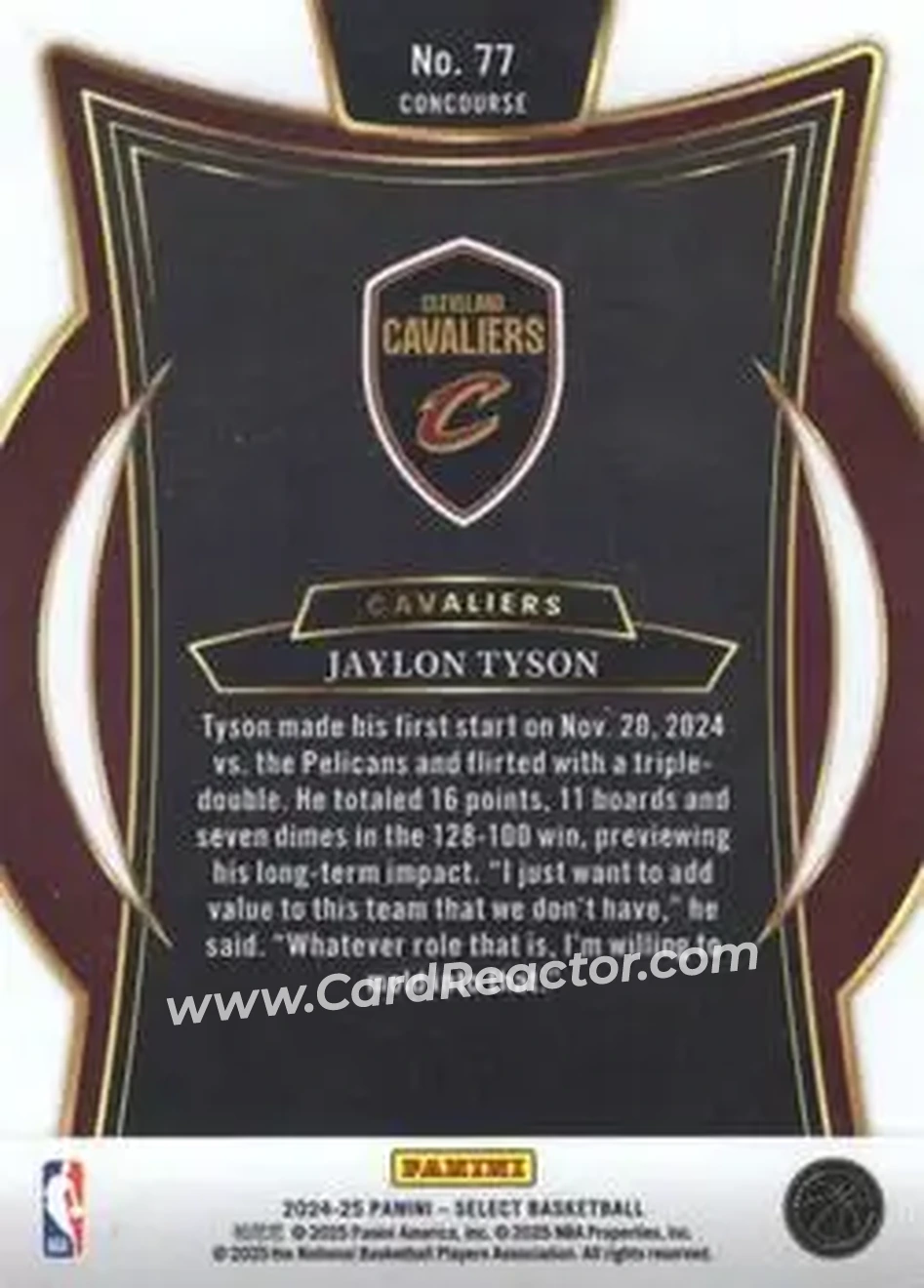 2024-25 Panini Select #77 - Jaylon Tyson - Cleveland Cavaliers - Back
