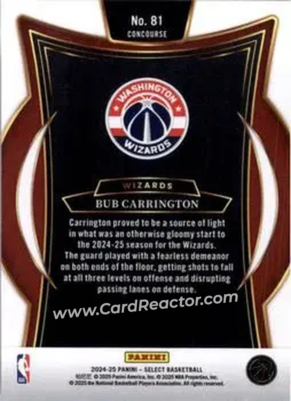 2024-25 Panini Select #81 - Bub Carrington - Washington Wizards - Back 2024-25 Panini Select #81 - Bub Carrington - Washington Wizards - Back