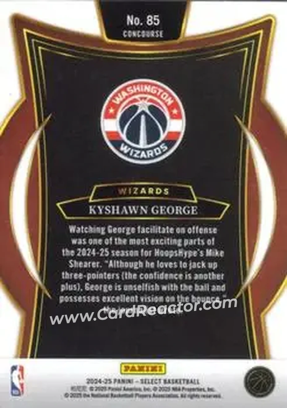 2024-25 Panini Select #85 - Kyshawn George - Washington Wizards - Back