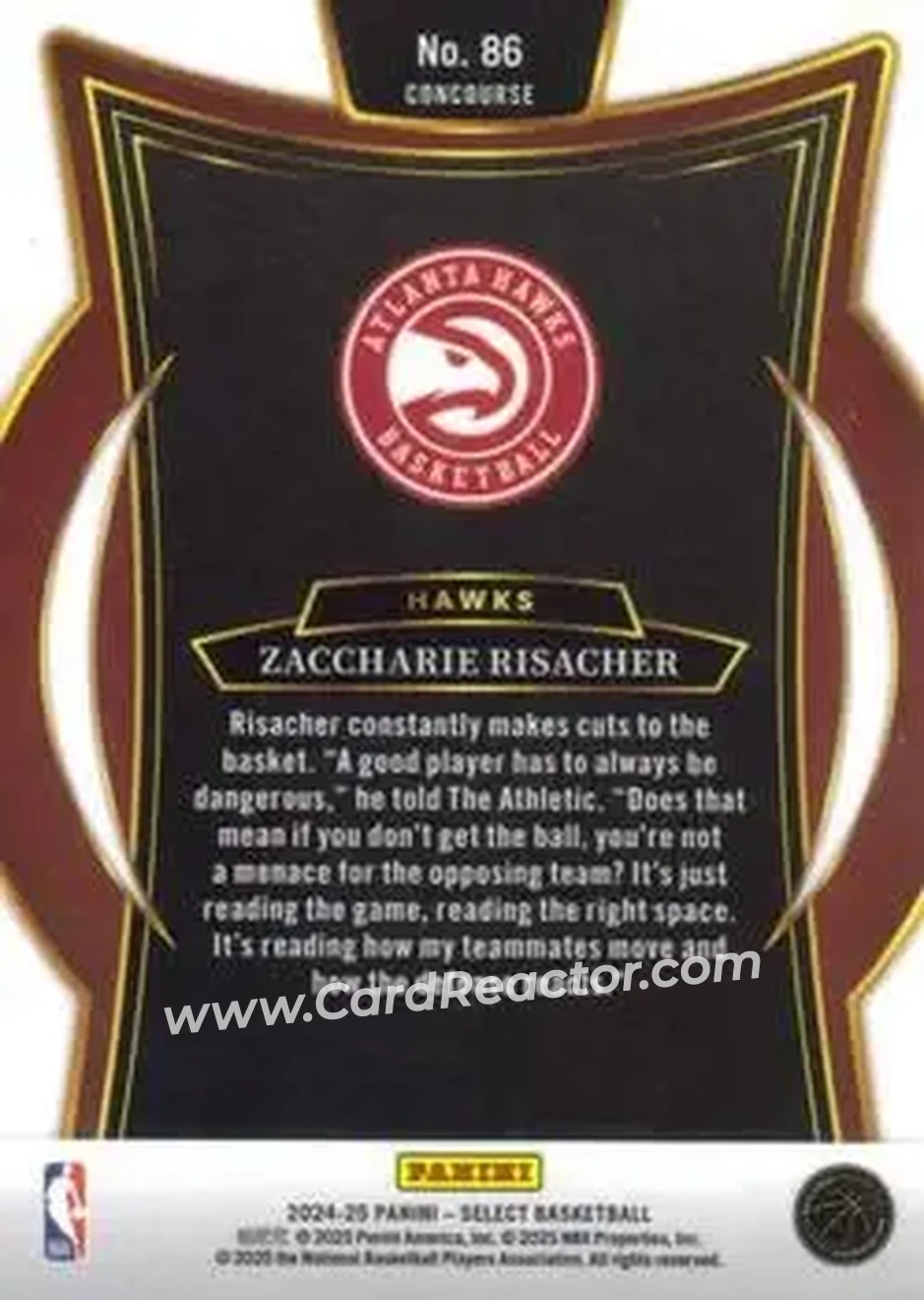2024-25 Panini Select #86 - Zaccharie Risacher - Atlanta Hawks - Back