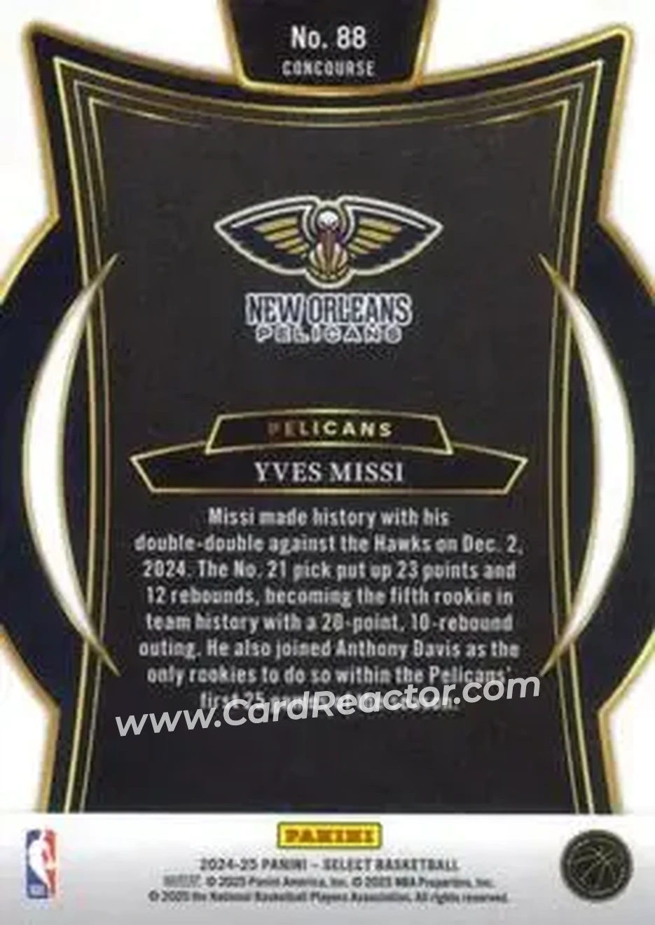 2024-25 Panini Select #88 - Yves Missi - New Orleans Pelicans - Back 2024-25 Panini Select #88 - Yves Missi - New Orleans Pelicans - Back