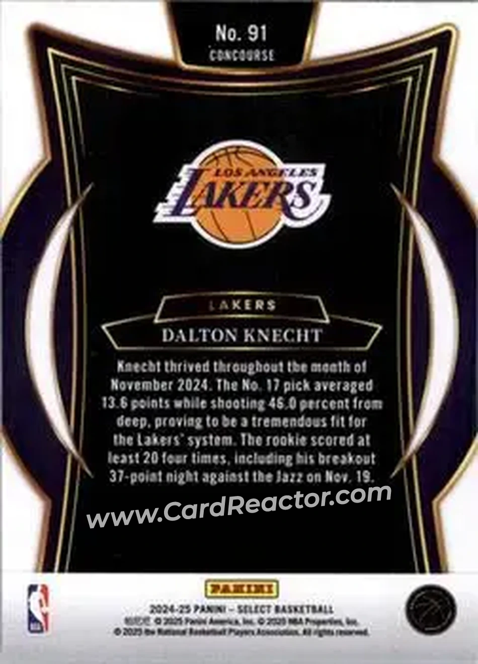 2024-25 Panini Select #91 - Dalton Knecht - Los Angeles Lakers - Back