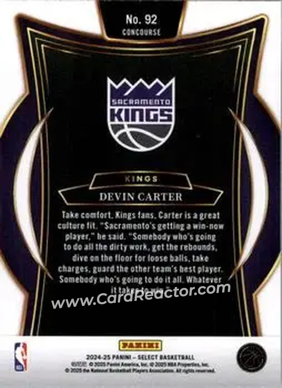 2024-25 Panini Select #92 - Devin Carter - Sacramento Kings - Back