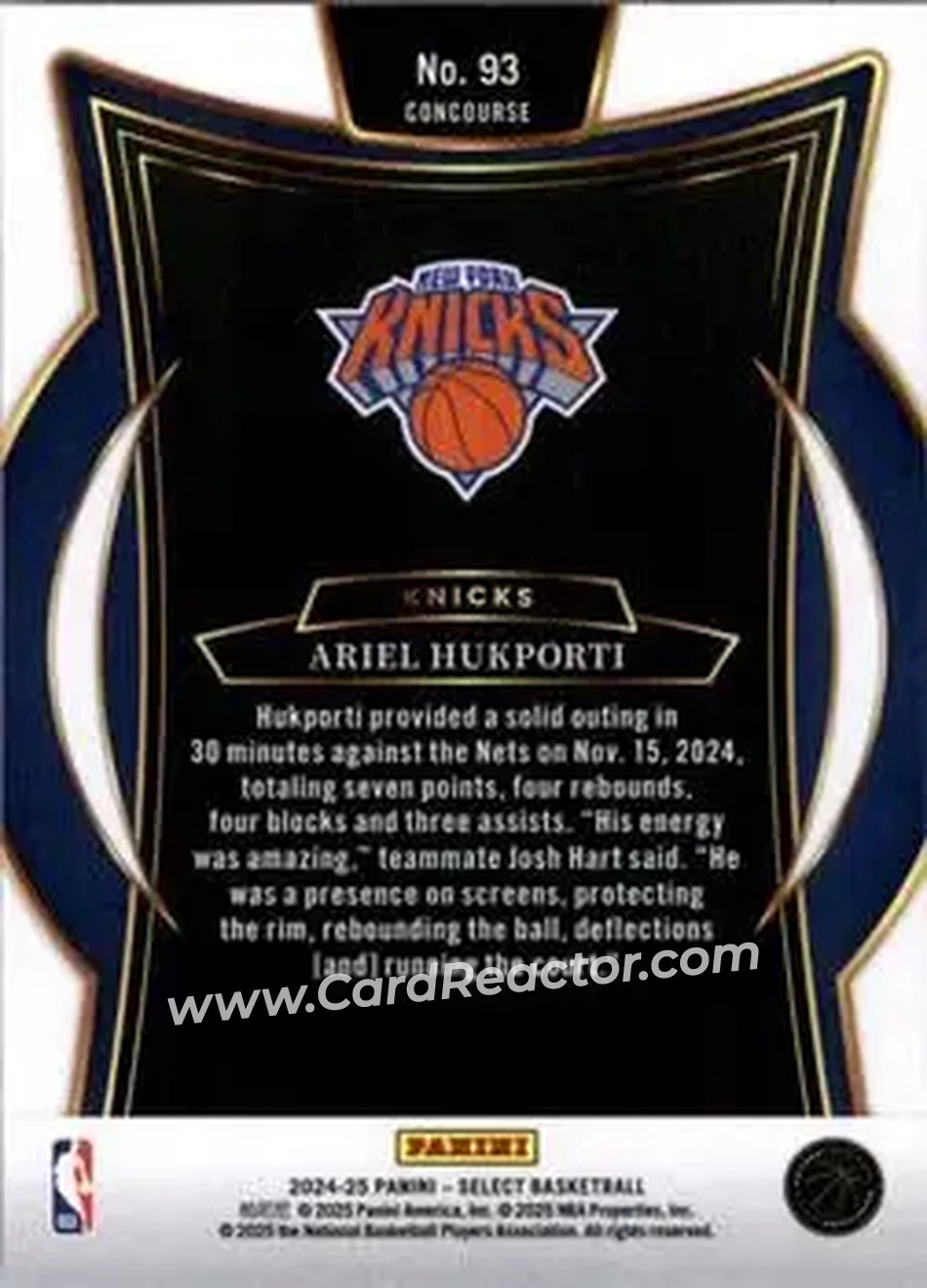 2024-25 Panini Select #93 - Ariel Hukporti - New York Knicks - Back