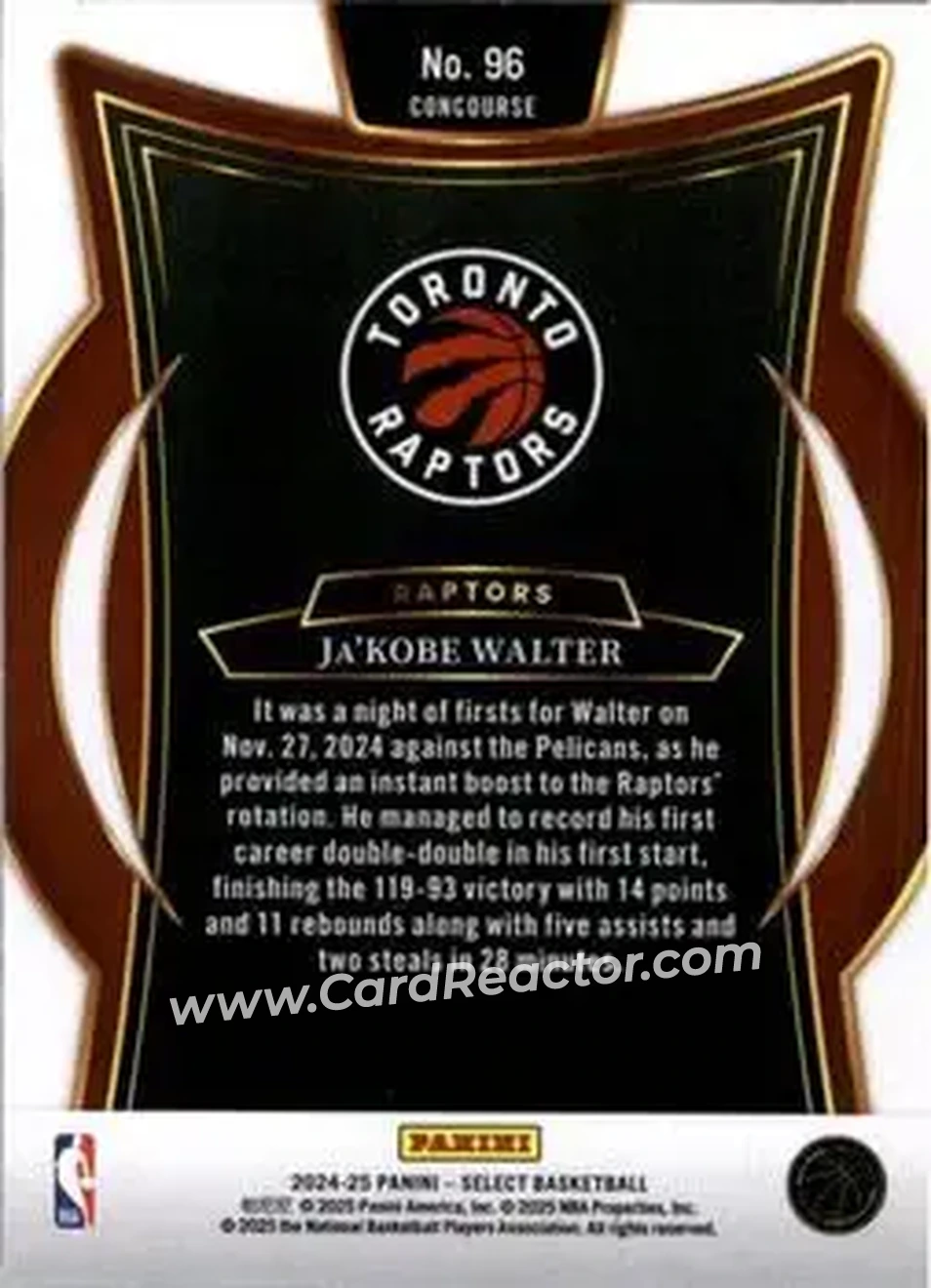 2024-25 Panini Select #96 - Ja'Kobe Walter - Toronto Raptors - Back