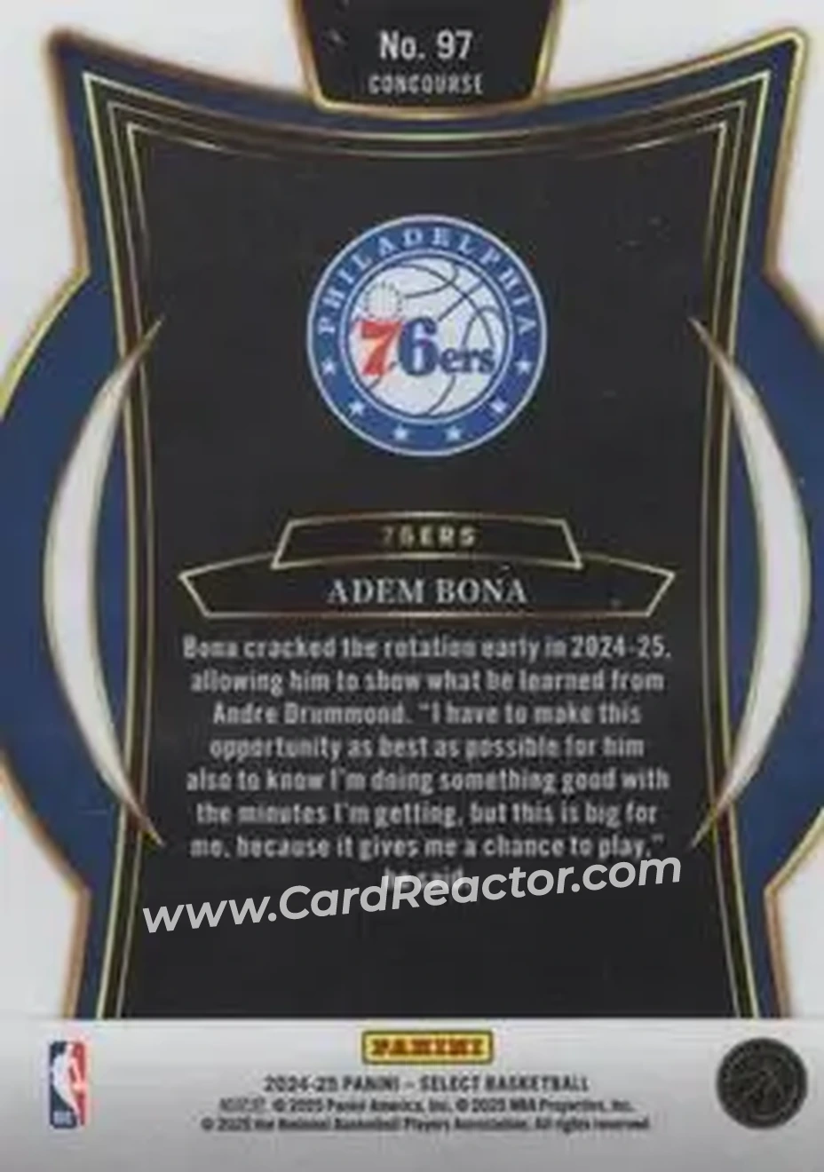 2024-25 Panini Select #97 - Adem Bona - Philadelphia 76ers - Back