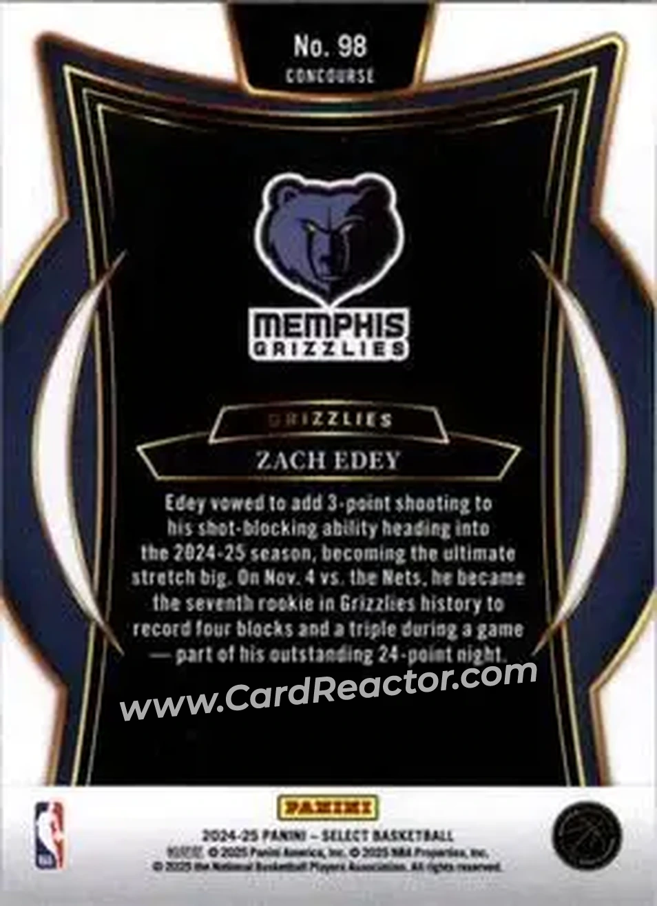 2024-25 Panini Select #98 - Zach Edey - Memphis Grizzlies - Back