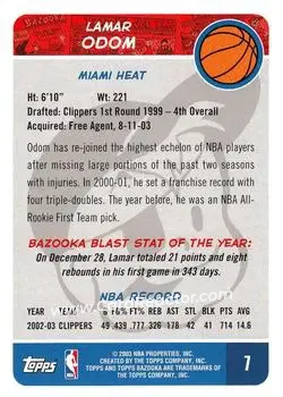 2003-04 Bazooka #7 - Lamar Odom - Miami Heat
