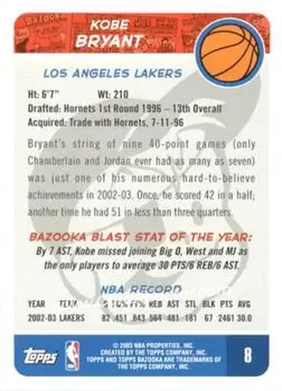 2003-04 Bazooka #8 - Kobe Bryant - Los Angeles Lakers