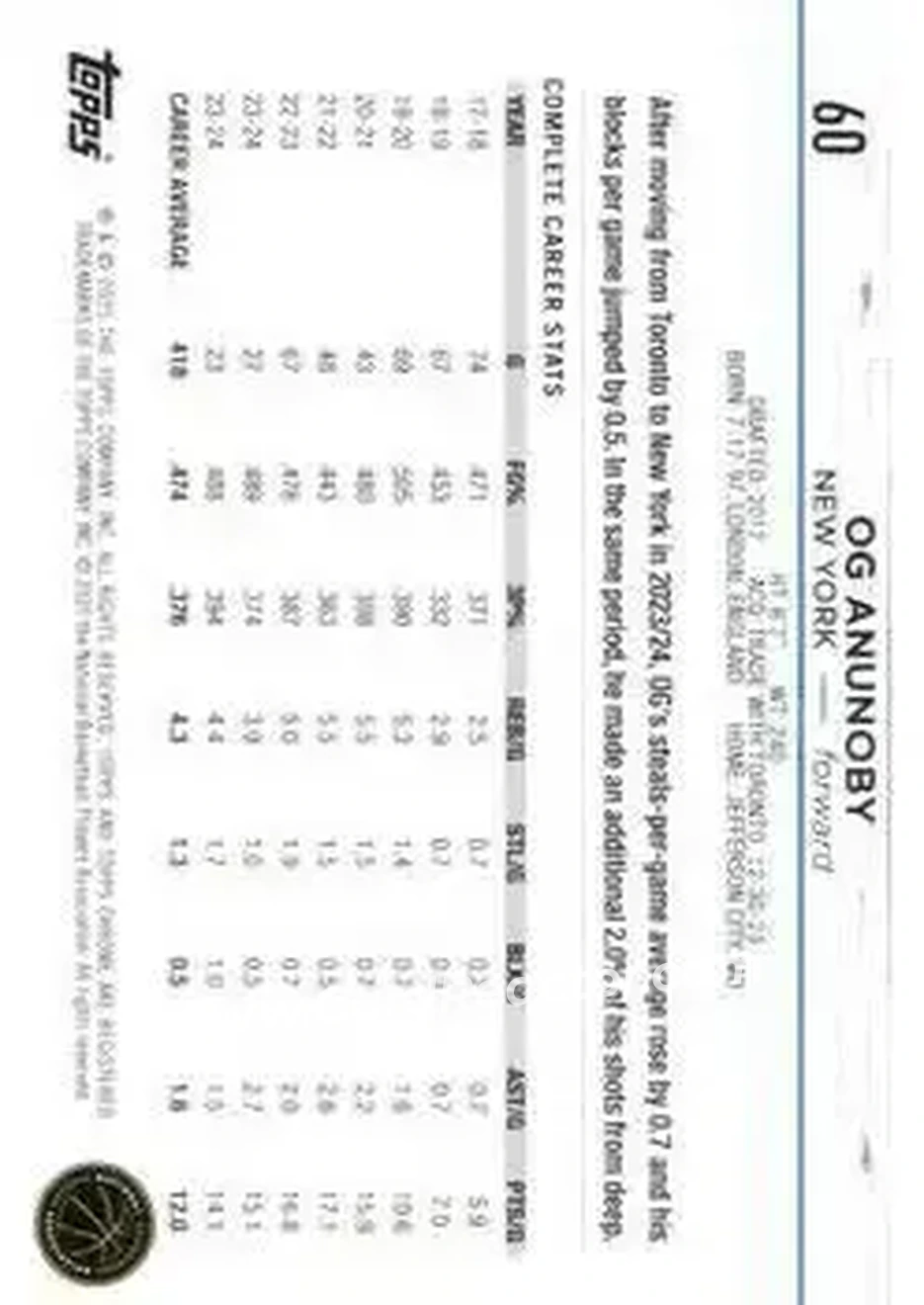 2024-25 Topps Chrome #60 - OG Anunoby - New York Knicks - Back 2024-25 Topps Chrome #60 - OG Anunoby - New York Knicks - Back