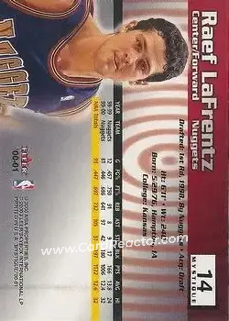 2000-01 Fleer Mystique #14 - Raef LaFrentz - Denver Nuggets - Back