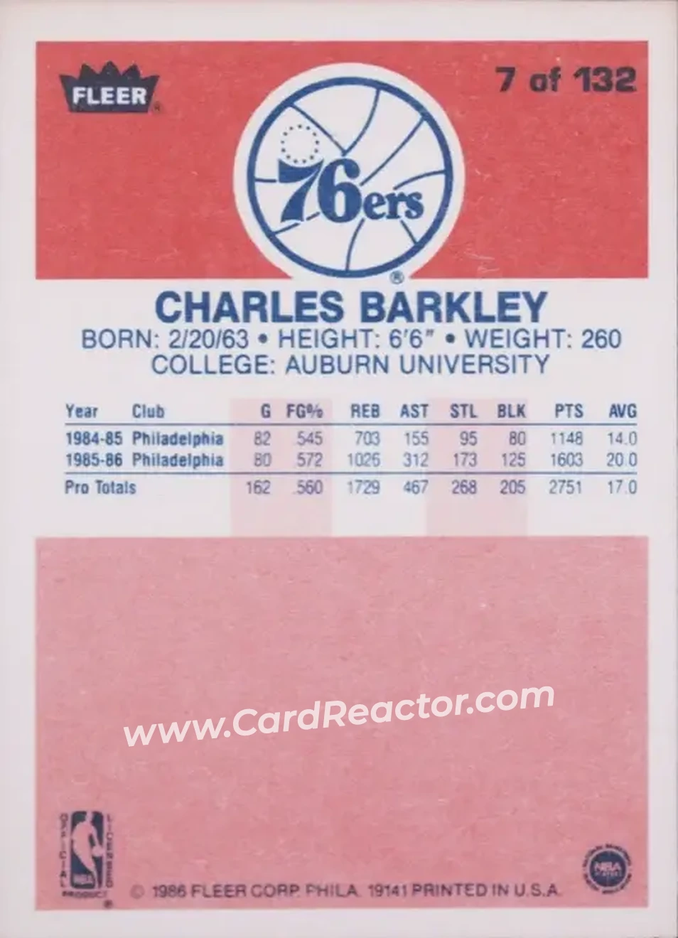 1986-87 Fleer #7 - Charles Barkley - Philadelphia 76ers - Back
