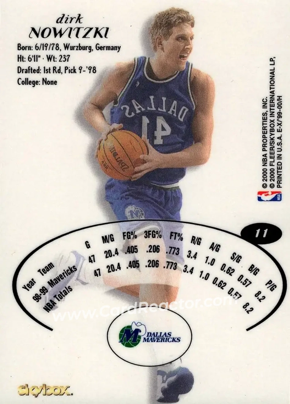 1999-00 E-X #11 - Dirk Nowitzki - Dallas Mavericks - Back
