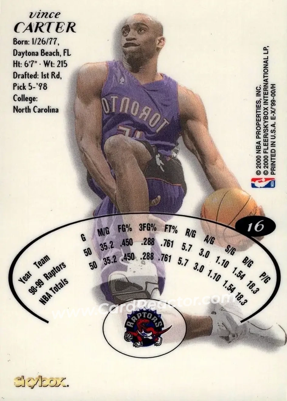 1999-00 E-X #16 - Vince Carter - Toronto Raptors - Back