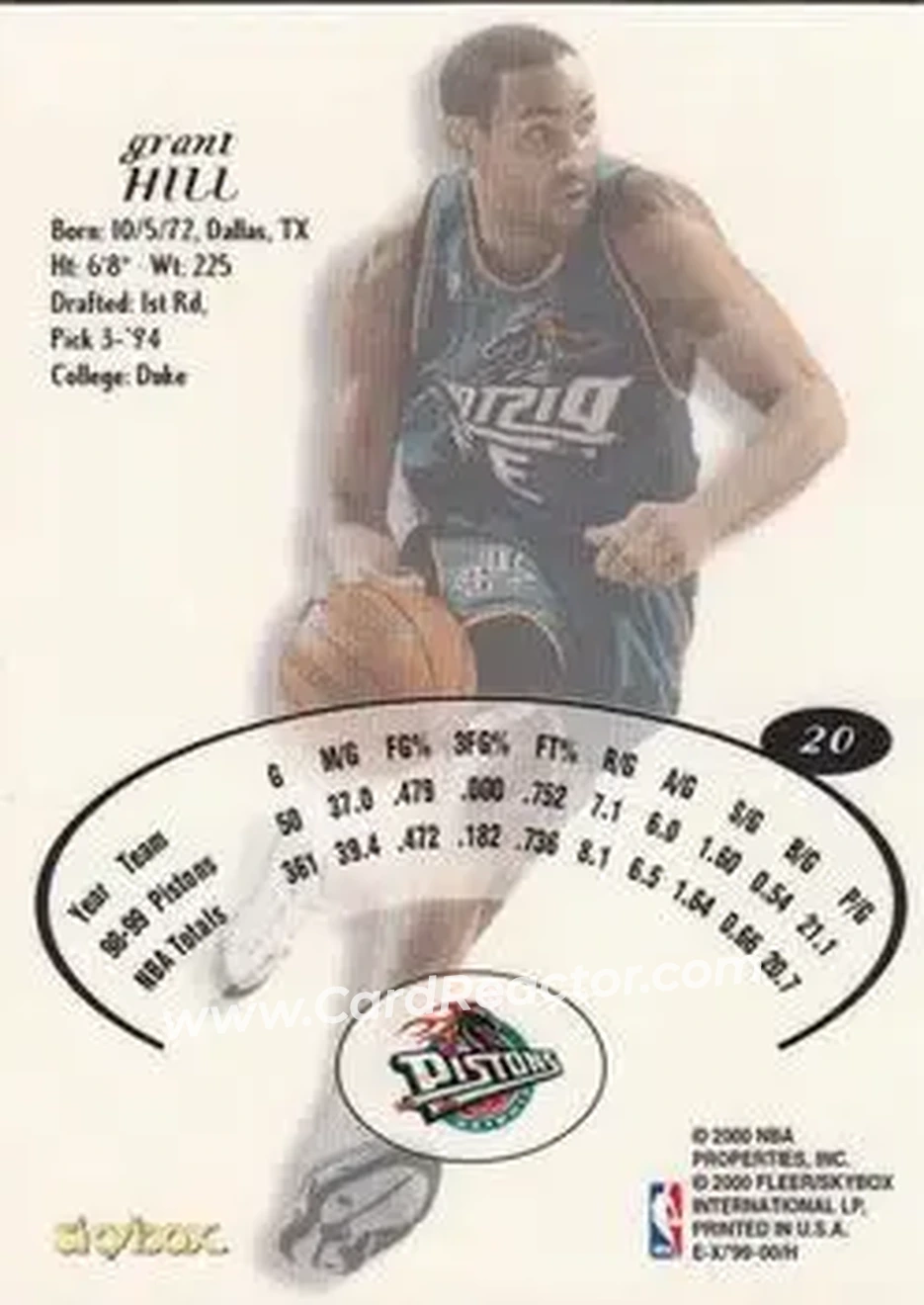 1999-00 E-X #20 - Grant Hill - Detroit Pistons - Back
