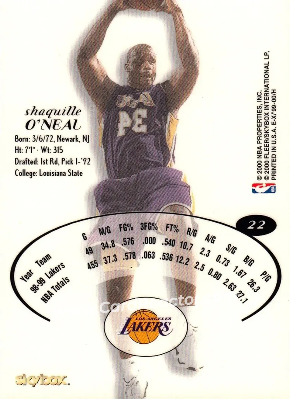 1999-00 E-X #22 - Shaquille O'Neal - Los Angeles Lakers - Back