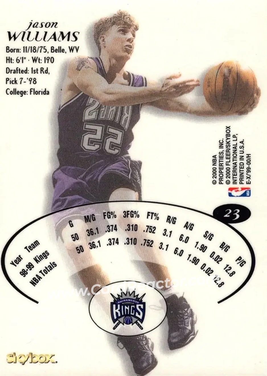 1999-00 E-X #23 - Jason Williams - Sacramento Kings - Back