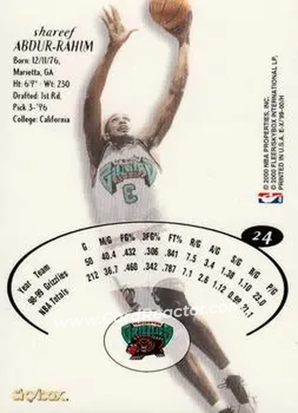 1999-00 E-X #24 - Shareef Abdur-Rahim - Vancouver Grizzlies - Back