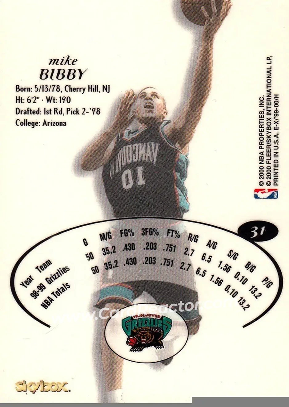 1999-00 E-X #31 - Mike Bibby - Vancouver Grizzlies - Back