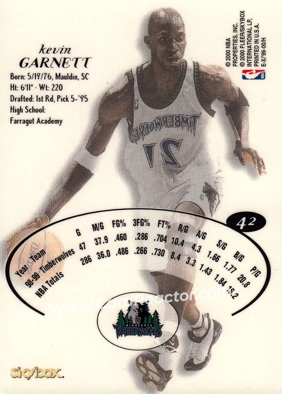 1999-00 E-X #42 - Kevin Garnett - Minnesota Timberwolves - Back