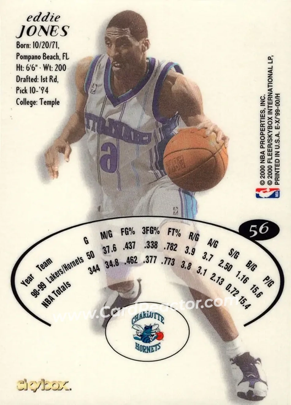 1999-00 E-X #56 - Eddie Jones - Charlotte Hornets - Back