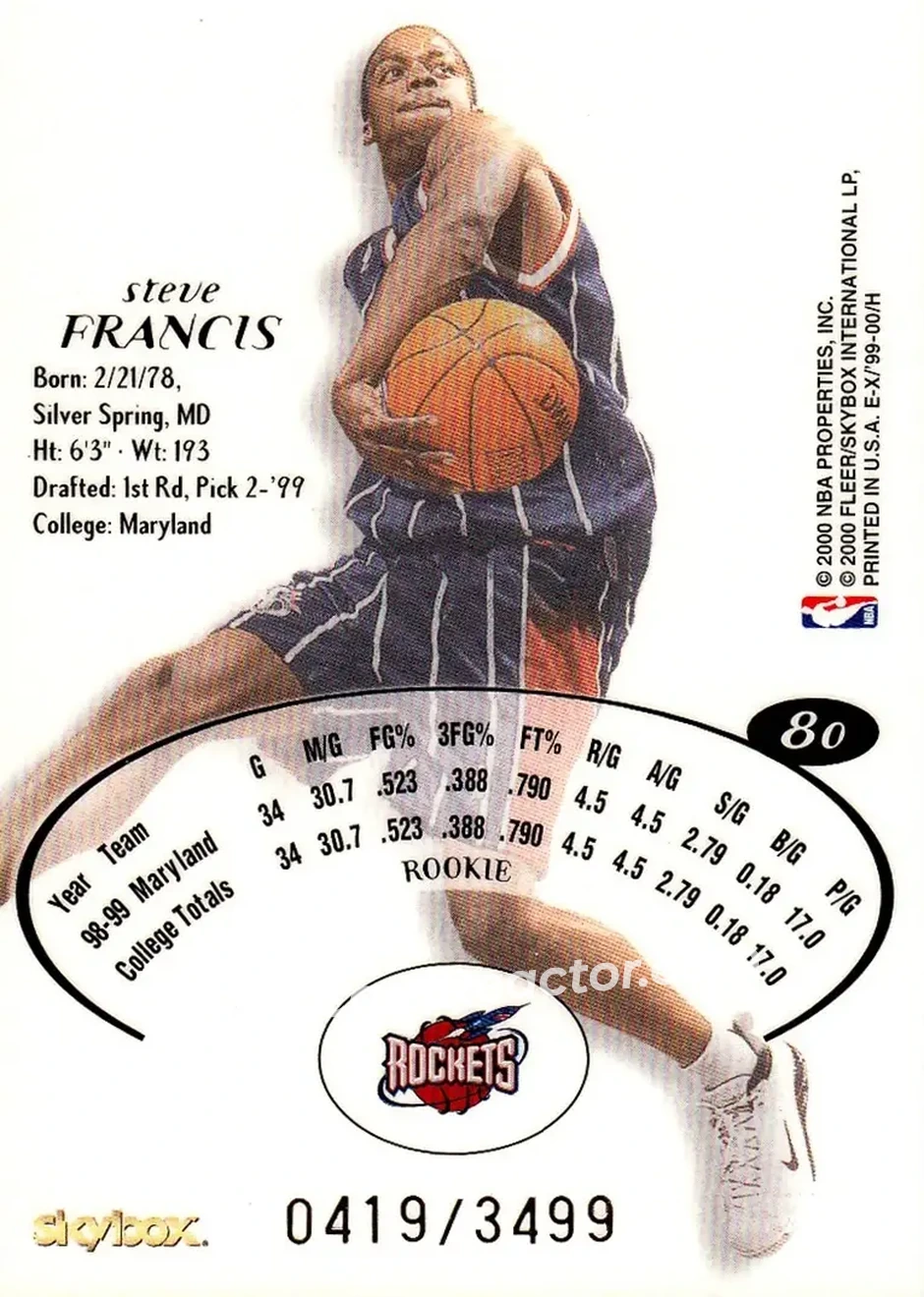1999-00 E-X #80 - Steve Francis - Houston Rockets - Back