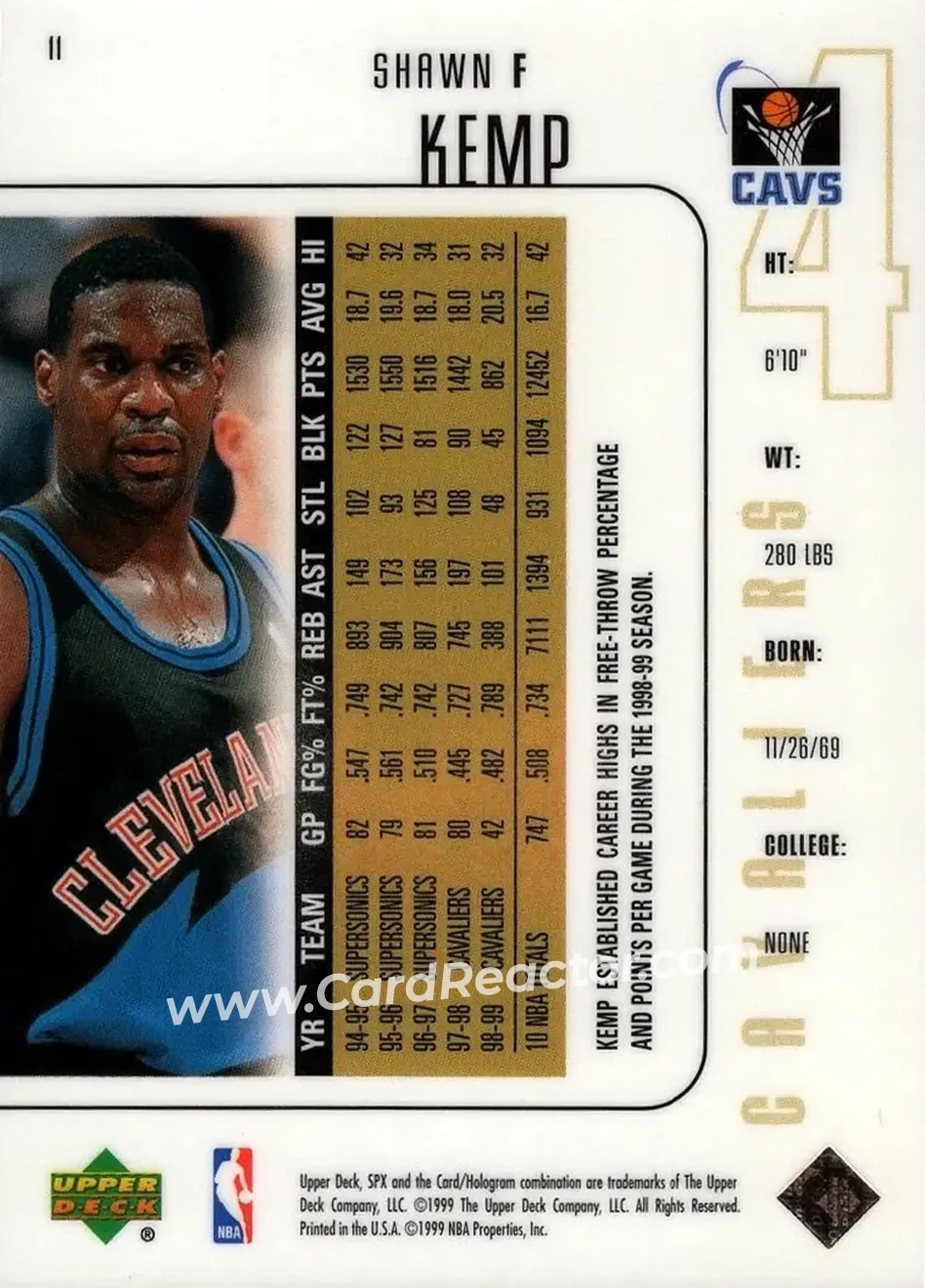 1999-00 SPx #11 - Shawn Kemp - Cleveland Cavaliers - Back